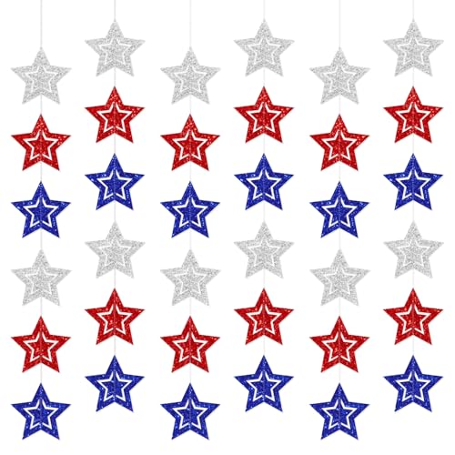 Image of 36 Pcs 4th of July Glitter Star Garland - No DIY Needed, Red White Blue Hanging String Decorations for Independence Day, Memorial Day, Patriotic Party, Veterans Day, USA Themed Party Decorations