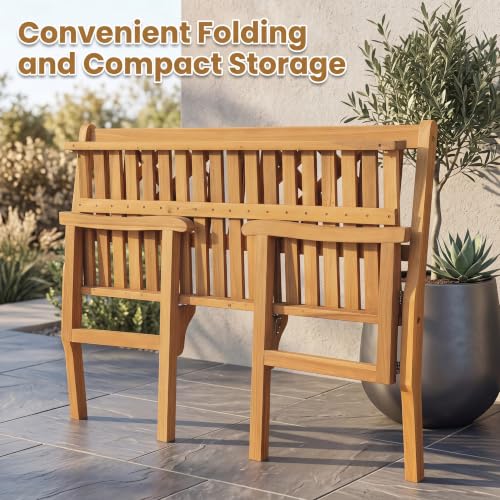 Image of Giantex 4 Ft Foldable Outdoor Bench, Acacia Wood Outside Loveseat with Curved Backrest and Armrest, 705Lbs Weight Capacity, Garden Bench for Patio, Park, Porch, Balcony