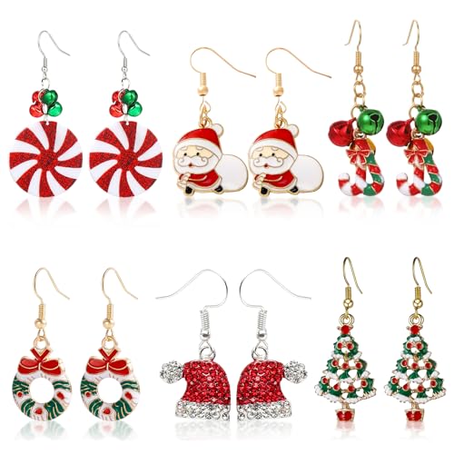Ohrringe Weihnachten Damen, 6 Paar Weihnachtsohrringe Set Ohrstecker Hängend Edelstahl Weihnachtsschmuck Weihnachtsbaum Stecker, Weihnachts Modeschmuck Baumeln Schmuck Geschenk für Kinder Mädchen