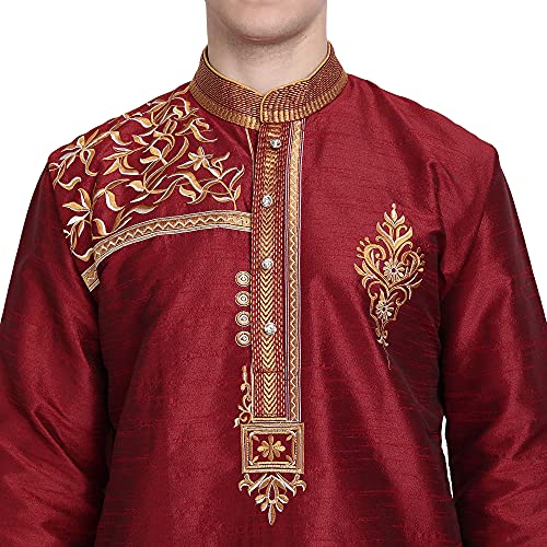 Image of Amazon Brand - Anarva Men Art Silk A-Line Kurta Embroidered Long Kurta