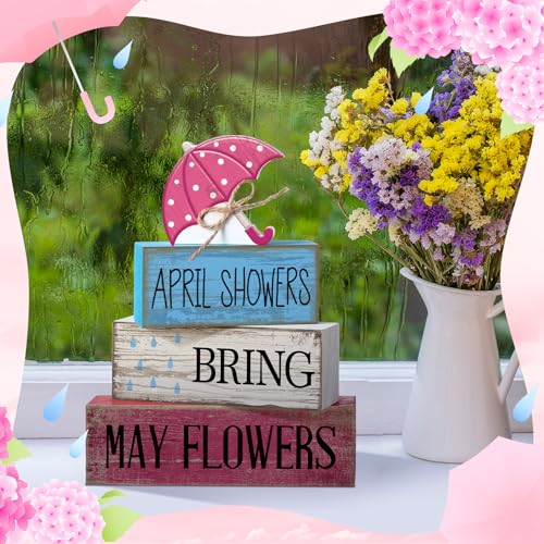 Image of Moucuny 4 Pcs Spring Summer Decorations for Home Wooden Umbrella Tiered Tray Decorations Summer Centerpieces for Tables Farmhouse Decorative Umbrella Faux Stack Block Sign for Home Shelf Decor