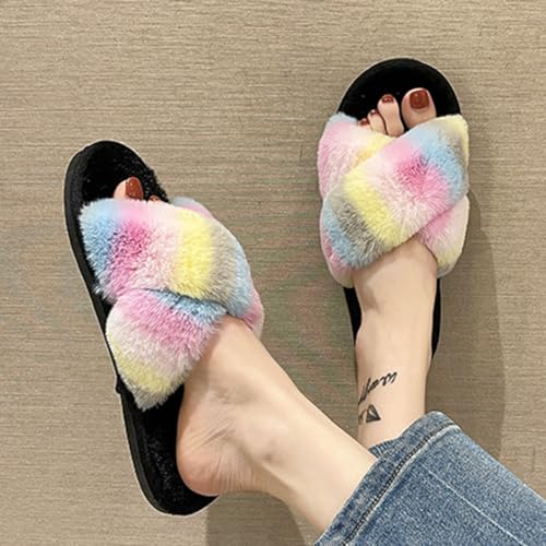 Women's Multicolor Fuzzy Fluffy Slippers Comfy Cross Band House Shoes Memory Foam Open Toe Indoor Outdoor Sandals Gifts for Ladies3