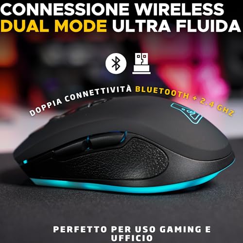 Kult Krypton - Mouse Gaming Senza Fili 6400 DPI, Mouse Wireless Gaming Bluetooth & 2.4 GHz, RGB, Batteria Lunga Durata, 7 Pulsanti, Leggero e Ambidestro - Nero - Mouse gaming - Immagine 2