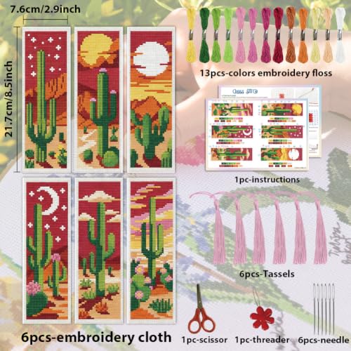 Image of ACRNIGHEET 6PCS Cross Stitch Bookmark Kit for Beginner Stamped Cross Stitch Kits for Adults Cactus DIY Tassel Embroidery Bookmark Kits Needlepoint Kit with Instructions Craft Gift 8.5''x3'' 11CT