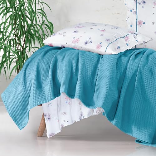 Sibiles - Colcha Multiusos Foulard Sofá Nido de Abeja 100% Algodón Metali Turquesa, 240x240 cm