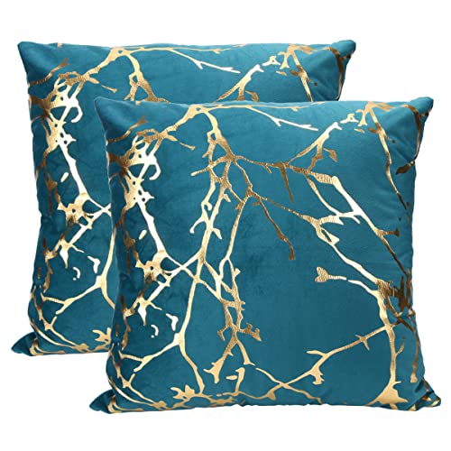 Idocolors Juego de 2 Fundas de Cojín de Terciopelo Fundas de Almohada de Ramas Doradas Cubierta Decorativa para Sofá Salón Dormitorio Coches, Azul Oscuro 45x45cm
