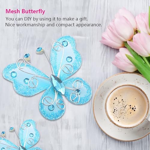 24pcs Christmas Butterfly Ornaments Mesh Wire Glitter Butterfly Wedding Party Clothing Wall Tree Decoration Supplies(Blue) — 사진 5