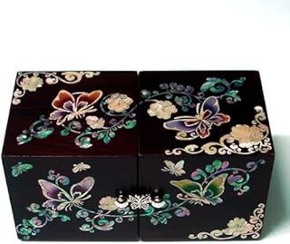 Mother of Pearl Twin Cubic Butterfly Travel Asian Lacquer Brown Wooden Jewellery Trinket Keepsake Treasure Gift Drawer Jewel Box Case Holder Organizer with Arabesque Flower Design