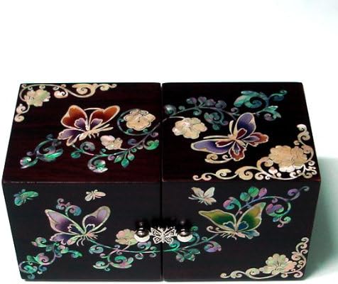 Mother of Pearl Twin Cubic Butterfly Travel Asian Lacquer Brown Wooden Jewellery Trinket Keepsake Treasure Gift Drawer Jewel Box Case Holder Organizer with Arabesque Flower Design
