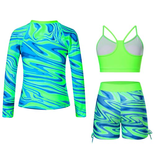 Image of Funnycokid Girls Swimsuit 3 Pieces Zip Rash Guard Bathing Suits Set Kids Bikini Boyshort Summer Swimwear 3-14 Years