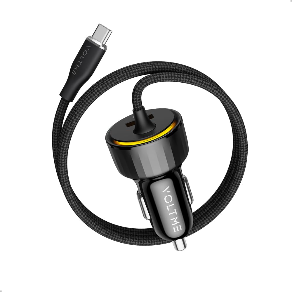 VOLTME Caricabatterie Auto Accendisigari 60W, Caricatore Presa con cavo da 1,2m, Car Charger PD 30W USB-C + USB-A 22.5W per iphone android tablet, Nero