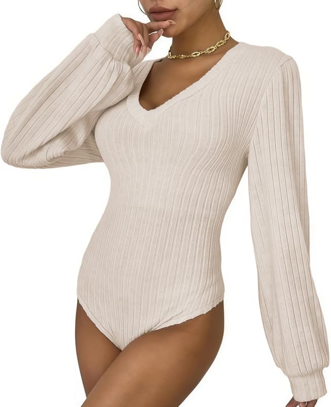 Sukiglam Body Mujer Manga Larga Bodysuit Cuello en Alto/V/Tortuga Elegante Leotardo Tops de Punto Elástico Bodys Tanga Shapewear Suave Cálida Camisa Casual Blusa Rayas Jumpsuit Top Básico Body Vestir