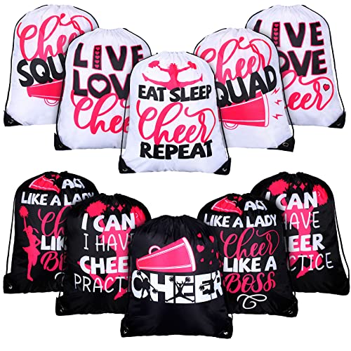 Eccliy 10 Pcs Cheerleaders Drawstring Backpack Bulk Cheer Drawstring Gym Bags Eat Sleep Cheer Gift Bags for Youth Sport Team(Novelty Pattern)