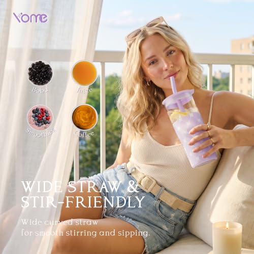 Image of YOME 20oz Purple Bow Insulated Glass Tumbler with Lid & Straw for Women Gift| Stainless Steel Iced Coffee Cup | Keep Drinks Cold |Cupholder Friendly |Ideal for Iced Coffee, Smoothies & Boba