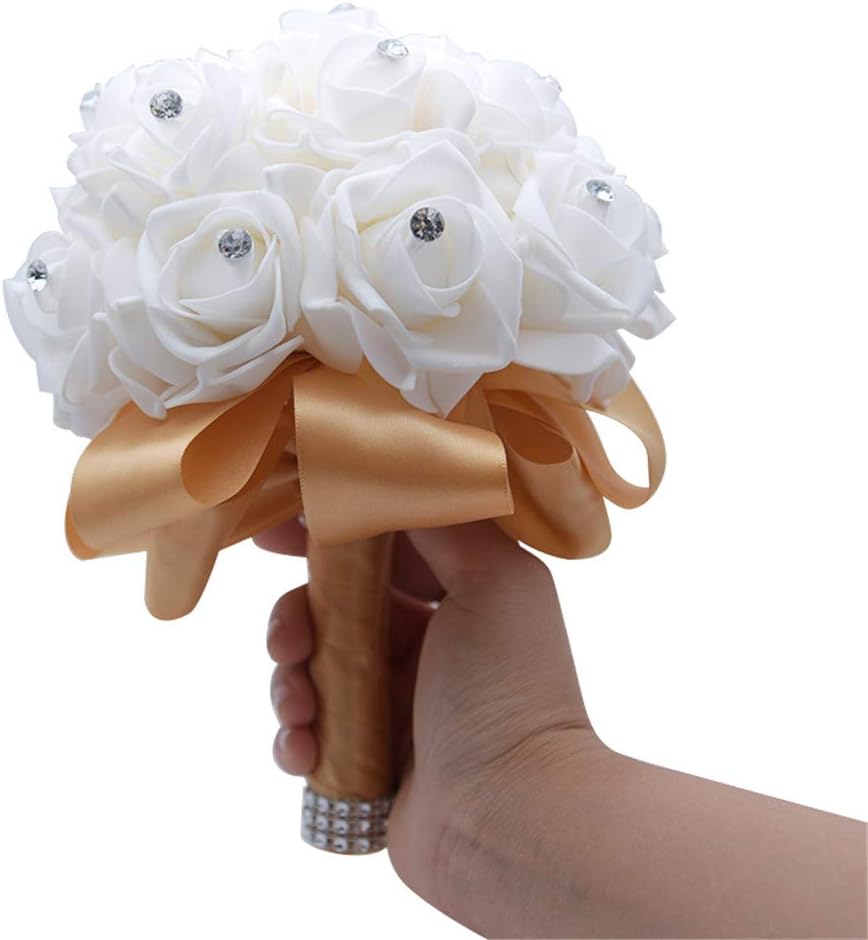 MOJUN Wedding Bouquets Crystal PE Roses Bridal Bridesmaid Wedding Hand Holding Bouquet Artificial Fake Flowers Toss Bouquet, Khaki
