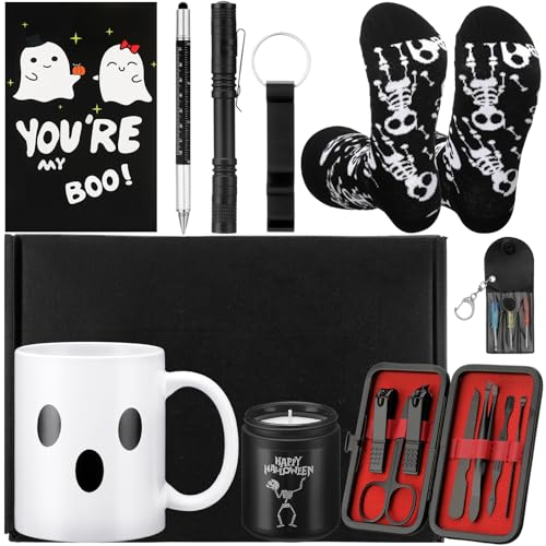 Yerliker Halloween Boo Basket Gifts for Men Black Boo Basket Stuffer for Him Ghost Mug Scented Candle Ideas Set Box for Dad Boyfriend Coworkers