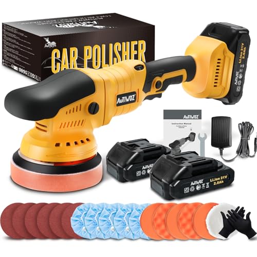 AUTIWOZ 21V Akku Poliermaschine Auto,Exzenterpolierer Orbit 9mm,Professionell Puffer/Polier mit 2 Batterien,6 Geschwindigkeit 2800-5800RPM,Polierte Polieren Auto Boot Motorrad,125mm Polierschwamm