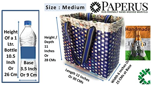 Image of Paperus, Medium, Blue Check Lunch Bag, Picnic Basket, Carry Bag, Handbag, Tiffin Basket for Office, Rectangular, Eco-Friendly, Handmade, of Paper Ropes, in Inch 11 H, 12 L, 6 Wide Base
