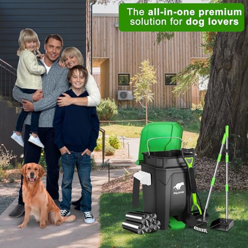 Image of Dog Poop Trash Can Outside with Pooper Scooper and Metal Rake & Tray, 20L /5Gal Dog Waste Trash Can with Lid, Pedal and Removable Inner Waste Bin, Pet Poop Bin with 100 Bags, Green