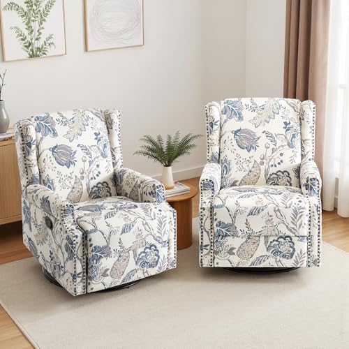 Image of Swivel Rocker Recliner Chairs Set of 2, 360 Swivel Wingback Recliner Chairs for Adults, Upholstered Printed Fabric Glider Rocking Chair with High Back, Deep Seat for Living Romm Bedroom, Plants Blue