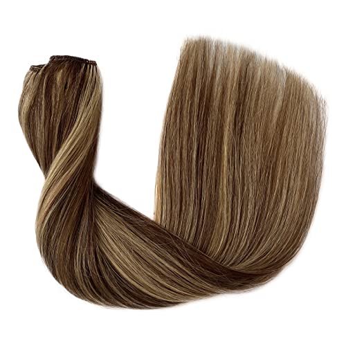 Image of Clip in Hair Extensions Real Human Hair Blonde Balayage Brown Seamless Silky Straight 22 Inch Clip ins Hair Extensions Blonde Highlights on Brown Hair 70g 5pcs