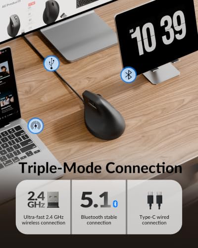 Image of Keychron M5 Wireless Ergonomic Mouse, Compact Vertical Mice with Thumb Wheel, Silent Clicks, 2.4 GHz /Bluetooth /Wired Rechargeable, Customizable Buttons, for Laptop macOS /Windows - Black | 47 ergonomic grip, PixArt 3311 sensor, Up to 12K DPI, 2.4 GHz /Bluetooth /USB-C, Programmable Buttons for Laptop macOS /Windows