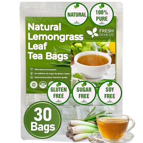Image of FRESHDRINKUS Lemongrass Leaf Tea Bags, 30 Count, 100% Natural & Pure, No Sugar, No Caffeine, No Gluten, Vegan, Herbal Tea