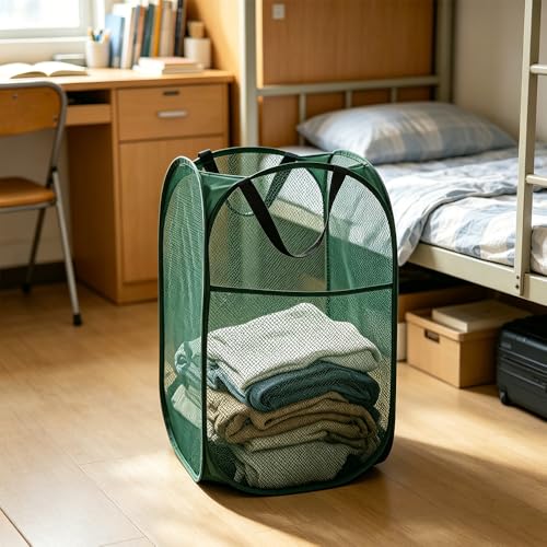 Image of Larpur Pop Up Laundry Hamper Collapsible Mesh Clothes Basket, Dark Green | Portable Laundry Hamper Foldable Dirty Clothes Hamper Storage for Home, Dorm, Travel, Cruise