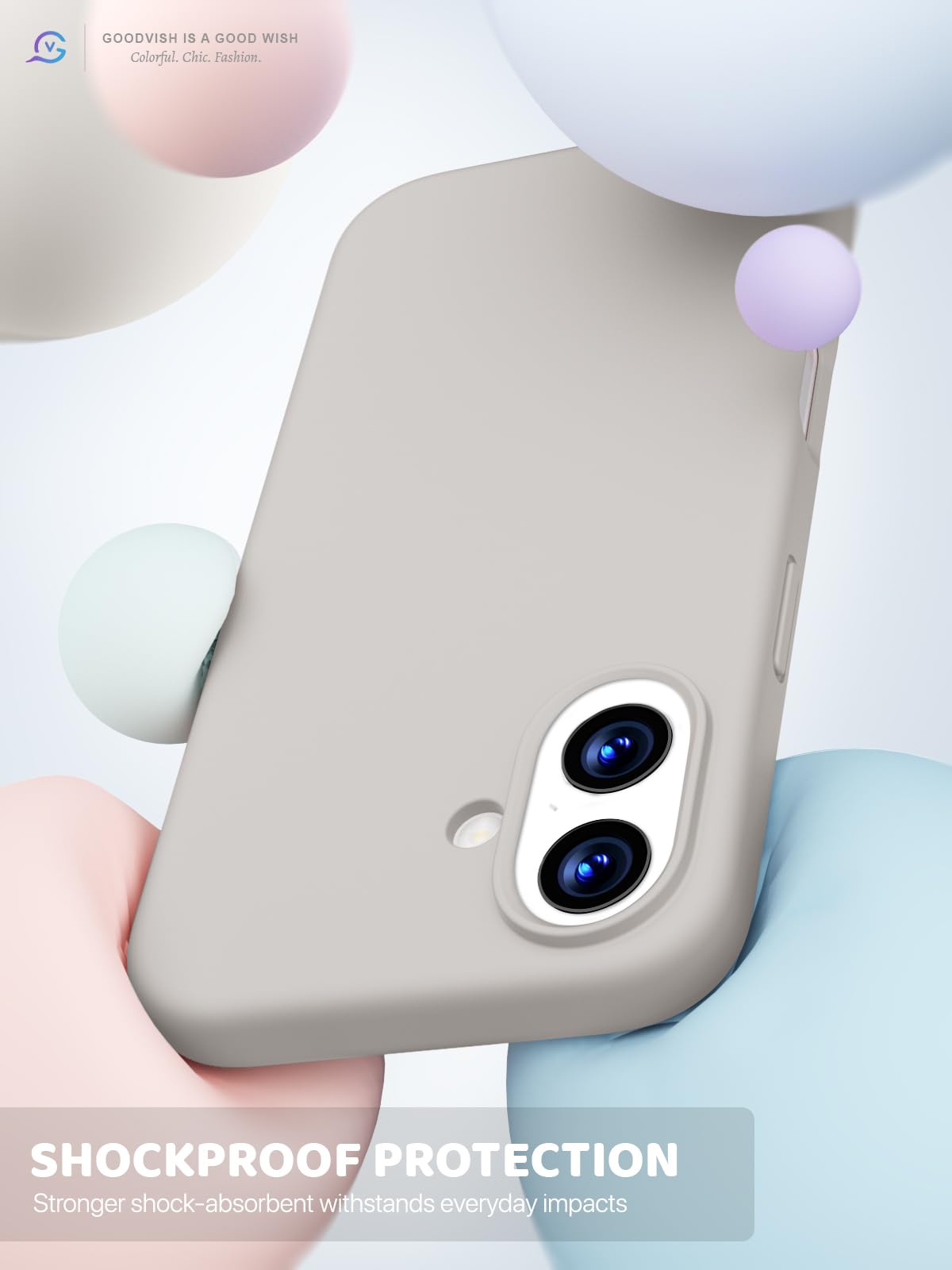 GOODVISH 3 in 1 Silicone Cover per iPhone 17 6.3", Custodia con 2 Pellicola Vetro Temperato [Protezione Fotocamera] 360° Protezione Anticaduta Case per Cellulare Antiurto Resistente, Grigio Pietra