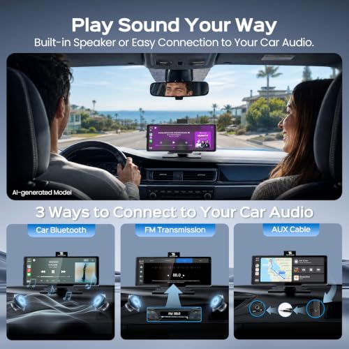 Image of TECXERLLON 10.26 inch Portable Apple CarPlay Screen for Car, Wireless Car Play & Android Auto, 4K Dash Cam and 1080P Backup Camera, OTA, GPS Navigation, Voice Control, Mirror Link