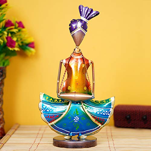 Image of eCraftIndia Tribal Lady Playing Musical Instrument Dholak Decorative Showpiece