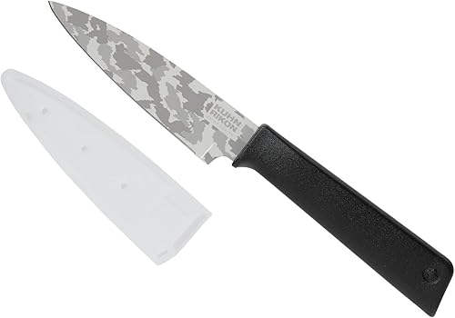 Kuhn Rikon Colori+ Cuchillo de pelar recto antiadherente con funda de seguridad, hoja de 4 pulgadas, color negro camuflaje