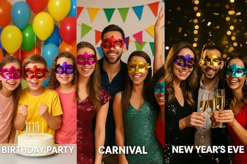 Image of AMFIN (Pack of 6 Metallic Eye Masks for Kids & Adults - Multicolor Masquerade Party Masks - Shiny Costume Masks for Birthday Parties, New Year Celebration, Baby Shower