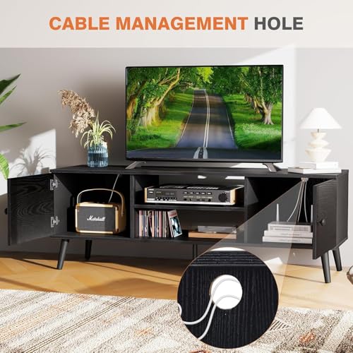 Image of Sweetcrispy TV Stand for 55 60 inch TV, Modern Mid Century Entertainment Center with Storage Cabinet, Media Console Table for Living Room, Soft Hinge, Handle Door, Wooden Office Furniture, Tank