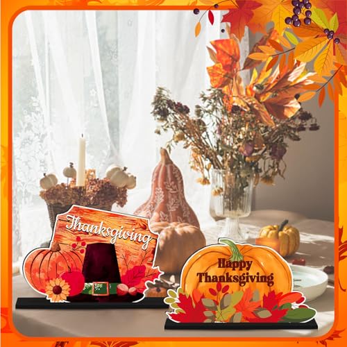 Image of CroBlissful 6 Pcs Thanksgiving Wooden Table Decorations Happy Harvest Party Supplies Thanksgiving Turkey Pumpkin Table Centerpieces for Home Indoor Give Thanks Be Thankful Holiday Party Decor