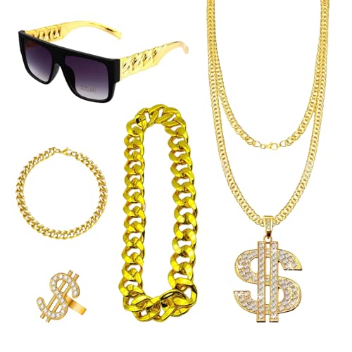 GWAWG 5Pcs Hip Hop Costume, 80s/90s Hip Hop Fancy Dress Accessories for Women Men Fake Gold Chain Bracelet, Hip Hop Ring, Fake Dollar Sign Necklace,Hippie Glasses for Hippie Rapper Disco Outfit