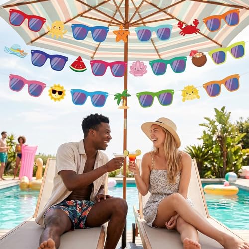 Image of Hooqict Summer Party Banner Decorations Colorful Sunglasses Banner Garland Sign for Summer Vacation Party Decorations Tropical Luau Beach Pool Birthday Decoration Supplies