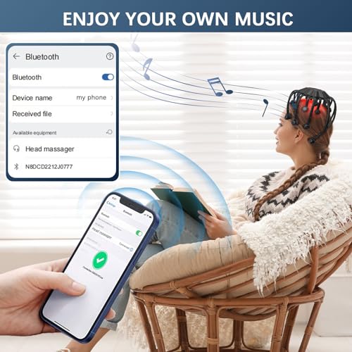 Foto von Kopfmassage Spinne Elektrisch mit Rotes Licht, Tragbar Bluetooth TMS Kopfmassagegerät mit 20 Vibrationskontakte und 5 Modi für Kopfschmerzen Linderung Tiefschlaf und Haarwachstum