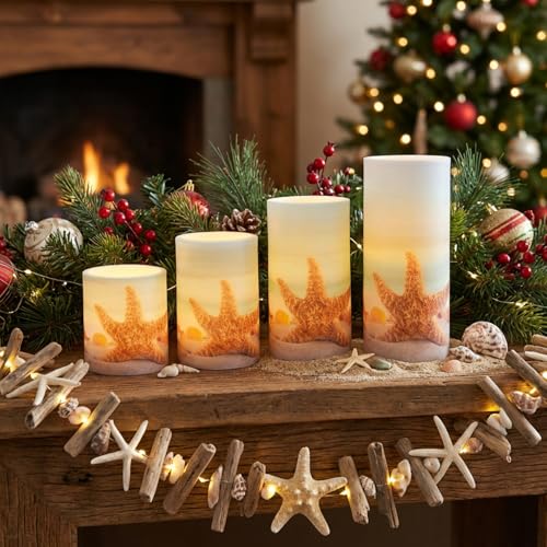 Image of 4PCS Summer Starfish Flameless Candles with Timer Remote Control | Blue OceanColored Light 4H 8H Timer Remote for Wedding Beach Party Coastal Room Decor