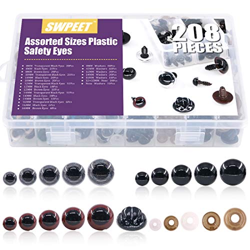 ◕‿◕ Swpeet 198 Pcs Assorted Sizes 3 Color Plastic Safety Eyes and 10