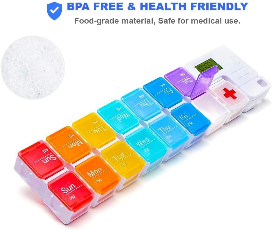 Pill organizer highlighting BPA-free and health-friendly material.