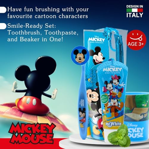 Mr.White Mickey Mouse Beutel-Set für Kinder - reisefreundlich inkl. Handzahnbürste mit Saugnapf, Reisekappe, Kinder-Zahnpasta mit mildem Minzgeschmack, 75 ml und 1 Becher - perfekt als