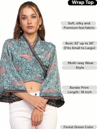 Image of KE KANHA EXPORTS Wrap Top for Woman| Beach Wear for Women|Wrap Tops|Boho Border Print|Kimono Style V Neck|Silky Premium Feel|Multicolor|Easily fits S-M-L|Bust 32-38in|Length 18in|Boho Beach Vibe