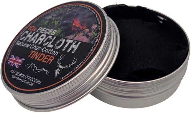 Ray North Outdoors Charcloth Tinder Tin, All-Natural Char Cotton Cloth Fire - Ideal for Flint and Steel, Bushcraft, Survival, Camping, EDC, Kit, Black, 9x10