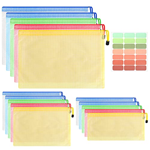 Pochette Zippée, 15Pcs Chemise Paquet Portefeuille Pochette en PVC, A4 A5 A6 Pochette Plastique Zippée avec 1Pcs Autocollant, Pochette Rangement pour Stockage Document et Organisation(5 Couleurs)