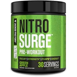 Jacked Factory NITROSURGE Pre Workout Supplement - Endless Energy, Instant Strength Gains, Clear Focus, Intense Pumps - NO Booster & Powerful Preworkout Energy Powder - 30 Servings, Green Apple