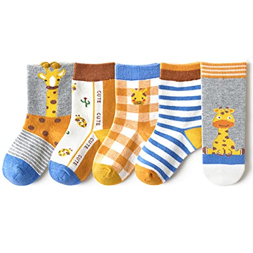 Rokmym Lot de 5 paires de chaussettes pour bébé - Pour garçons et filles - Avec motifs multicolores - Respirantes et douces - En coton, Girafe à carreaux 06, S Cover