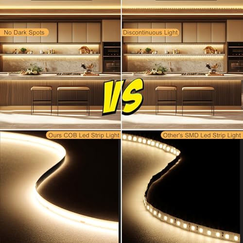 Image of Dimmable Warm White COB LED Strip Light Kit 16.4ft with RF Remote & UL 12V Power Supply 3000K CRI93+ No Dark Spots Tape Lights for Indoor Cabinet, Bedroom, DIY Craft, Wall Accent Lighting