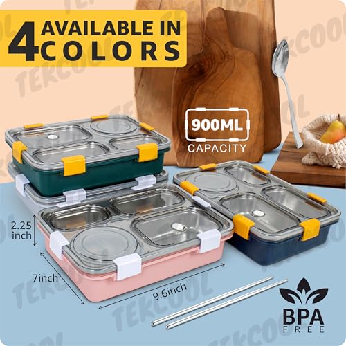 Image of TEKCOOL Lunch Box for Adults - Lunch Box for Kids - with Spoon & Fork - Stainless Steel Lunch Box with 4 Compartment - Durable Perfect Size for On-The-Go Meal, BPA-Free-