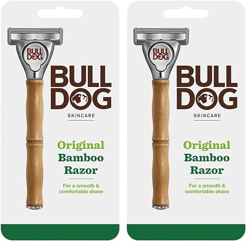 Bulldog Skincare for Men - Original Bamboo Razor | Close Shave and Edge with 5 Steel Blades | Recycled Packaging | Lubricating Lube Strip with Aloe | 1 Bamboo Handle | 2 Replacement Blades (Pack of 2)